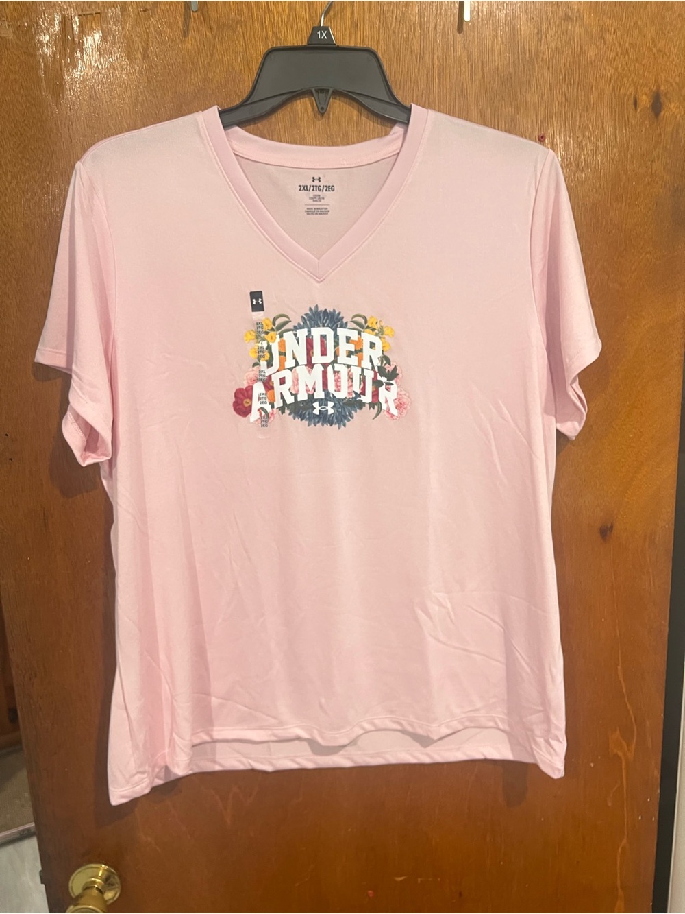 Under Armour Light Pink V-Neck Tee with Floral Logo Accent
